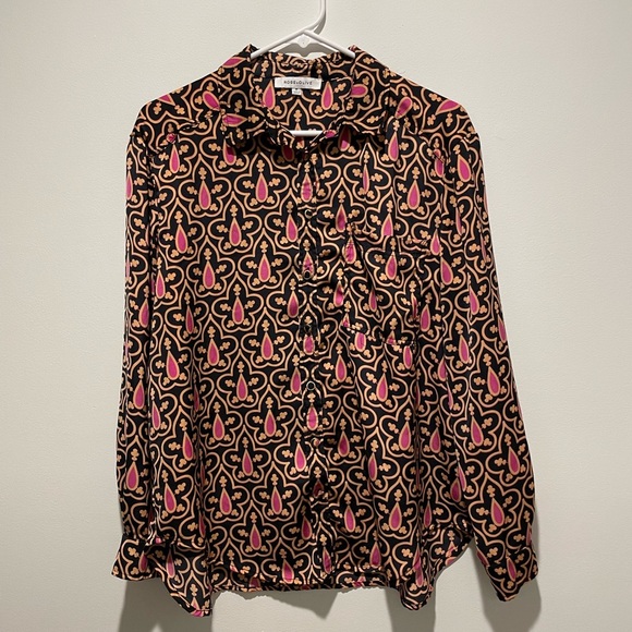 Rose+Olive Designer Womens Black Gold Pink Patterned Button Down Top Size Medium - Picture 1 of 4